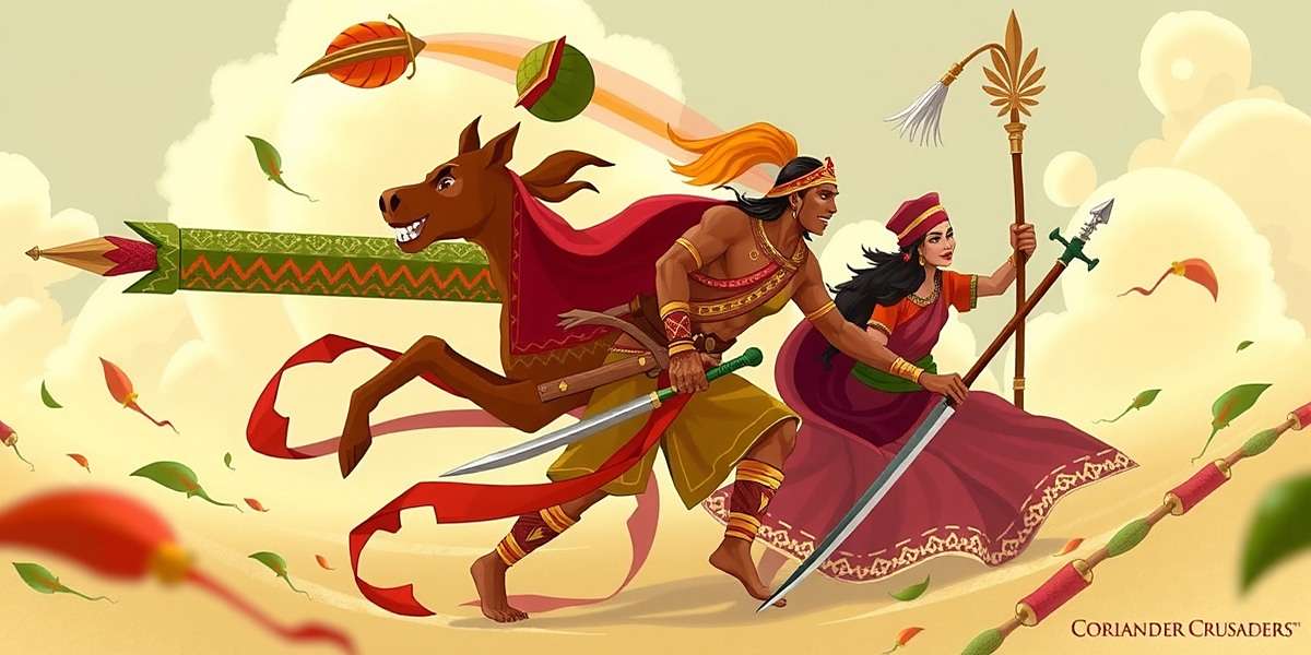 Coriander Crusaders Feud Fan Art Coriander Crusaders Feud fan art showcasing traditional Indian art styles depicting spice warriors